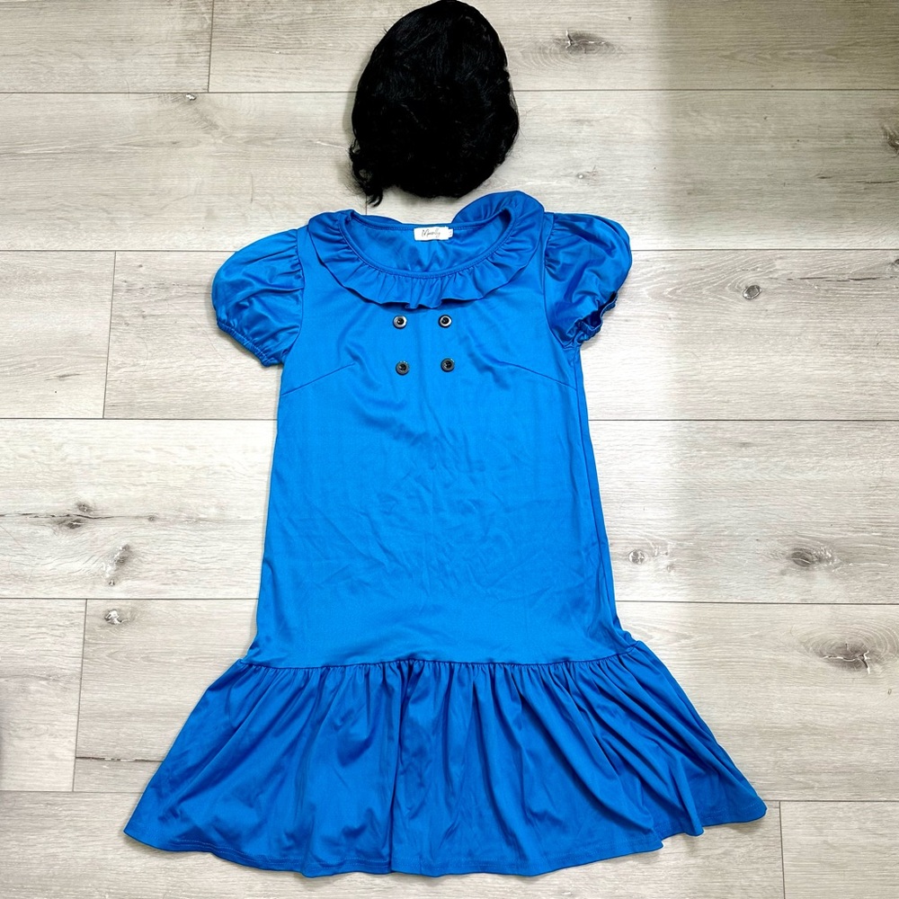 Peanuts Snoopy Lucy Van Pelt Blue Dress Halloween Costume Small XS Black Bob Wig